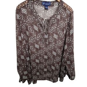 Susan Graver Style Womens‎ Plus SX 1X Sheer Brown Long Sleeve Blouse/Top Boho